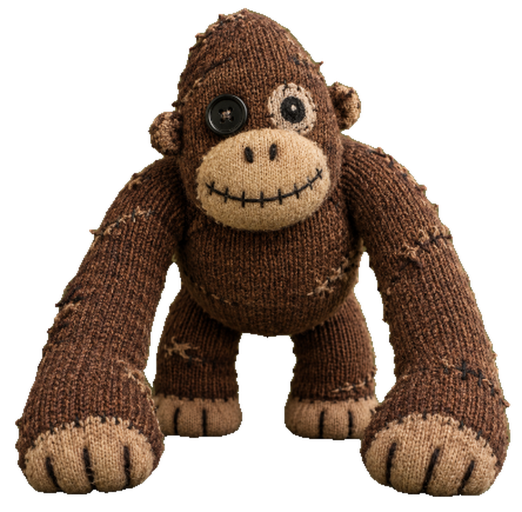 Discount Kong, a knitted brown monkey toy with one black button eye, a stitched grin and very long arms