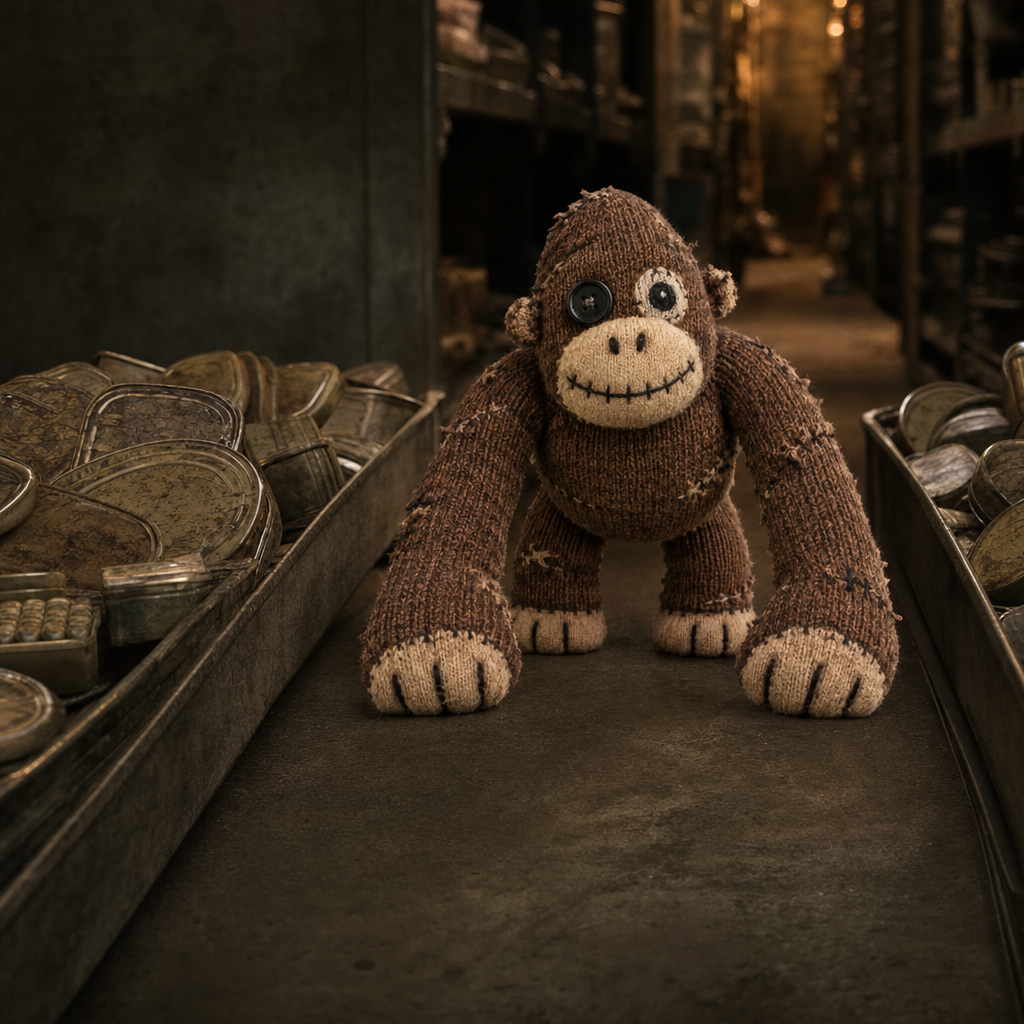 Discount Kong standing in a dim warehouse aisle between bins of dented tins